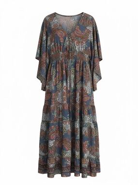 Boemo Blue and Red Paisley Long Sleeve Maxi Dress